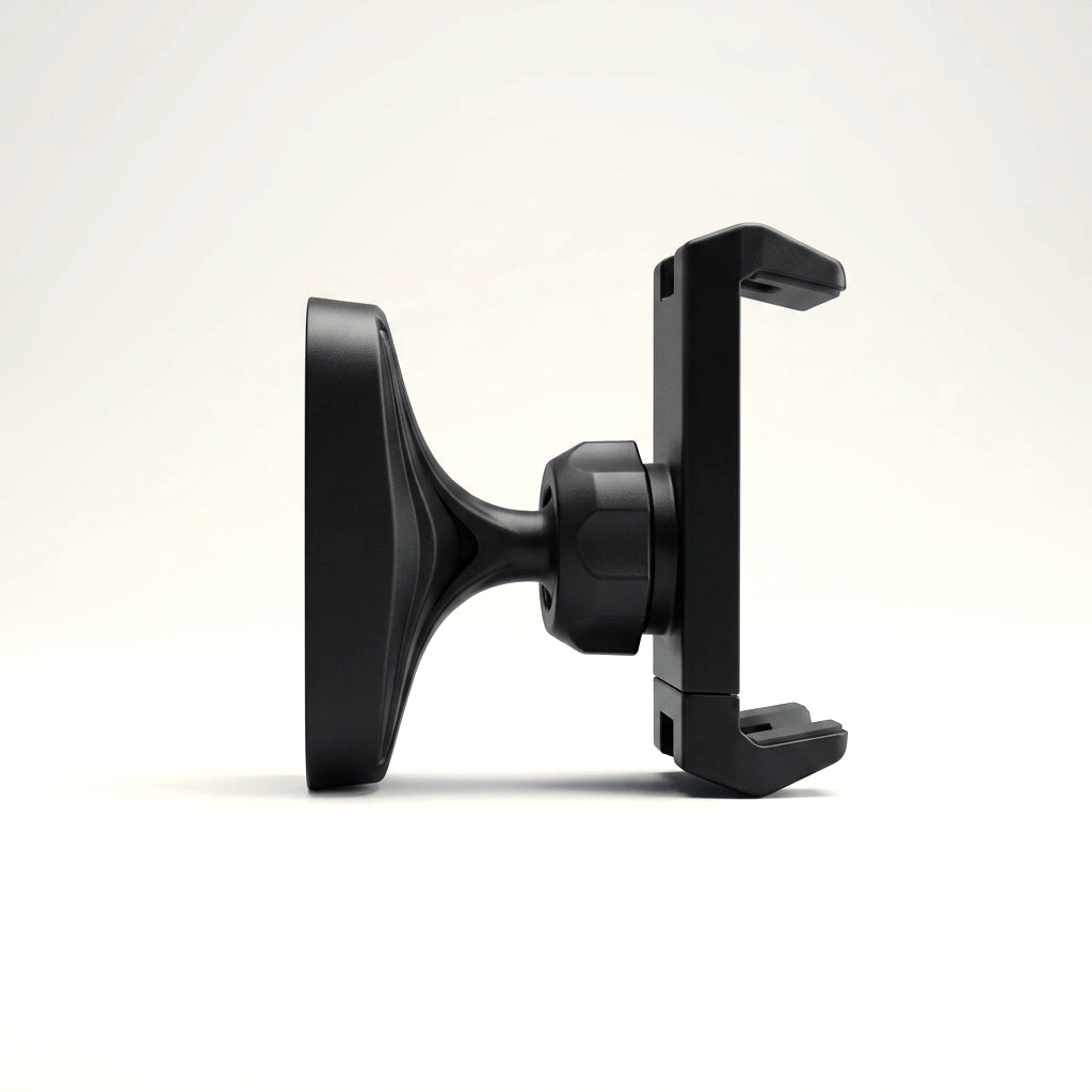 The Mount — side profile, magnetic base and phone clamp
