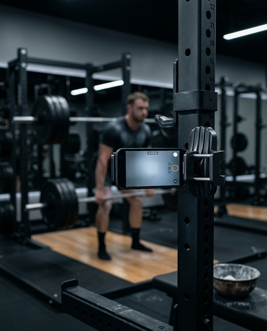 The Mount on a squat rack filming a deadlift hands-free