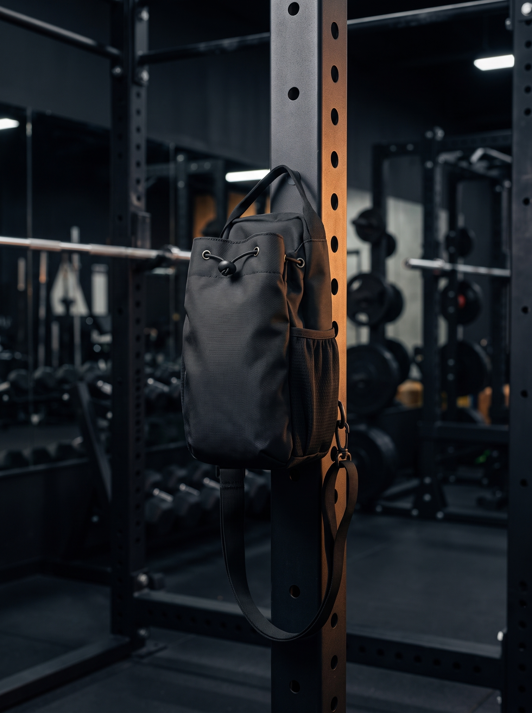 The Stash snapped magnetically flat onto a squat rack upright