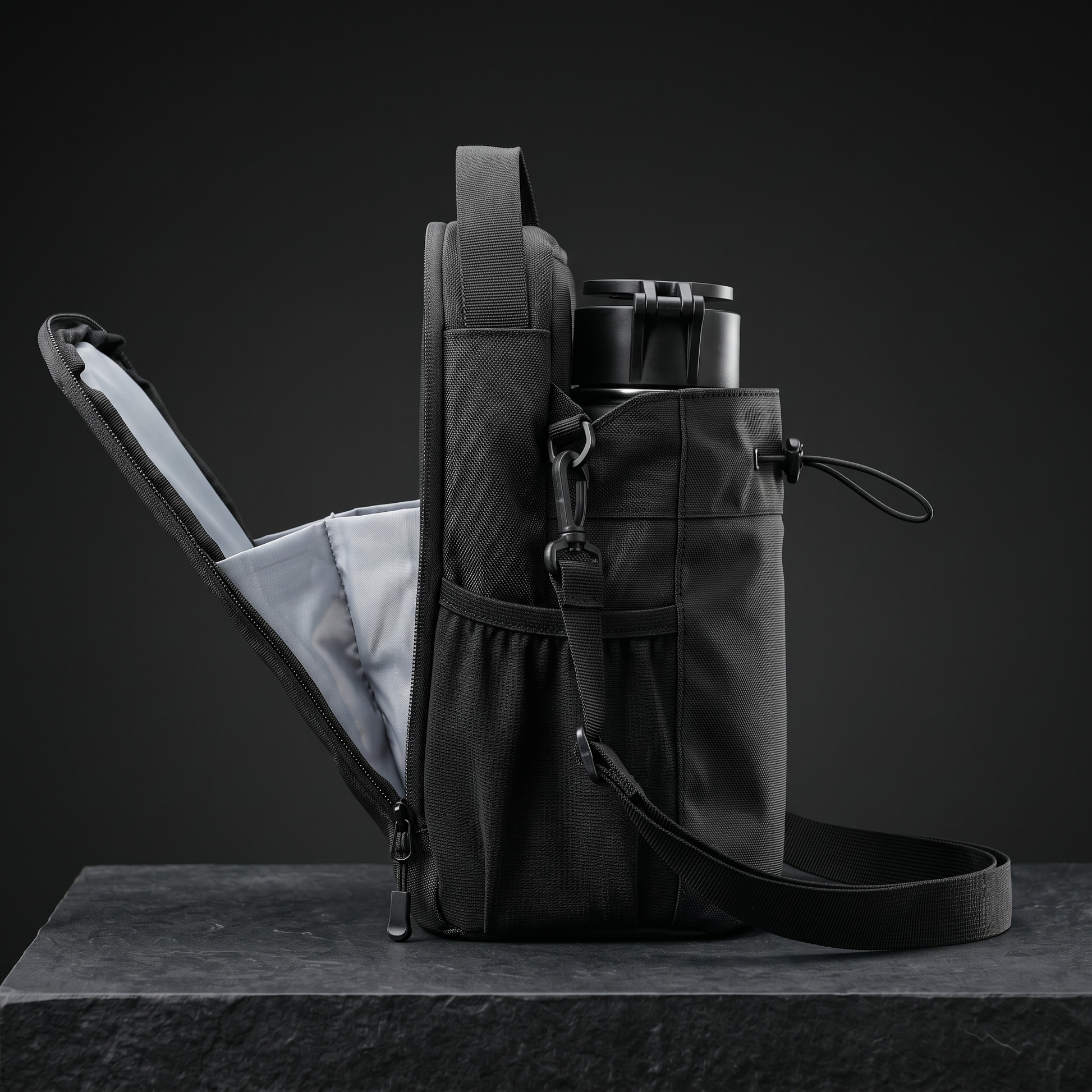 The Stash gym pouch open showing bottle pocket and storage