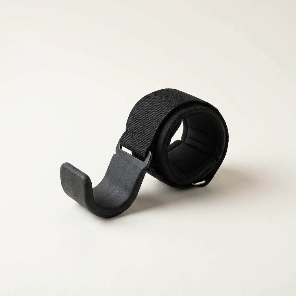 Hook Grips — steel lifting hook with padded wrist wrap, studio product photo