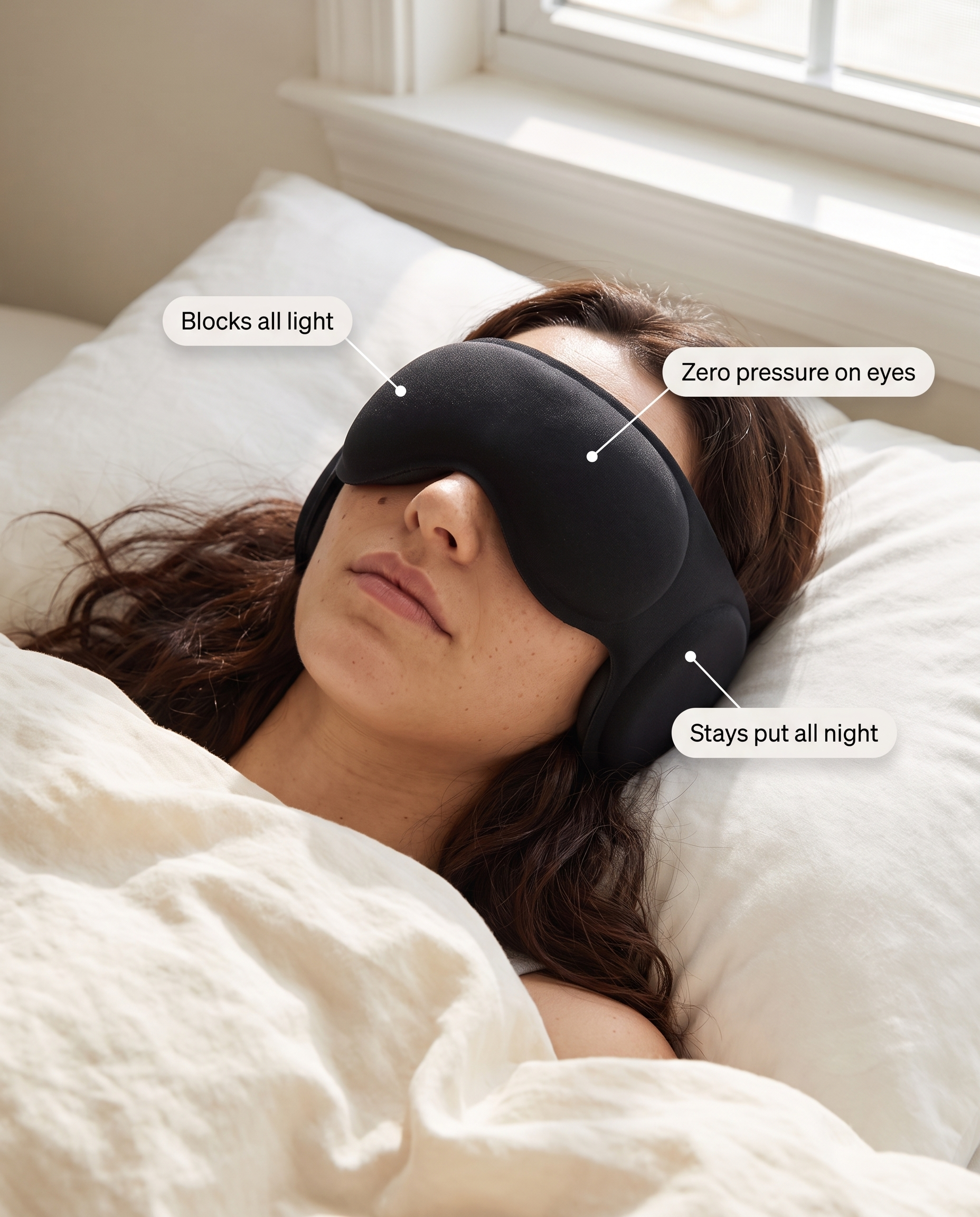 The Blackout worn in bed — blocks all light, zero pressure on eyes, stays put all night
